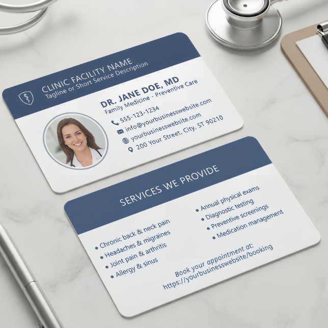 Medical Doctor Photo Modern Navy Blue Clinic Business Card (Creator Uploaded)