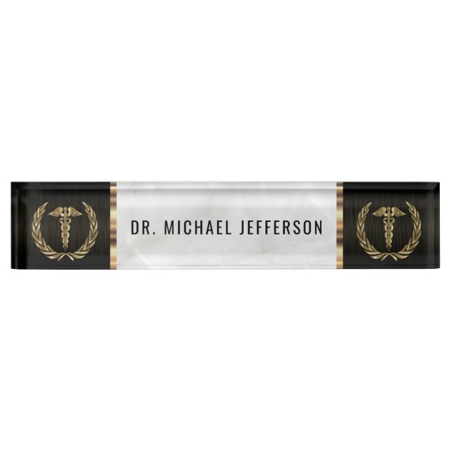 Medical Doctor / Staff  Black, White Marble & Gold Nameplate (Front)