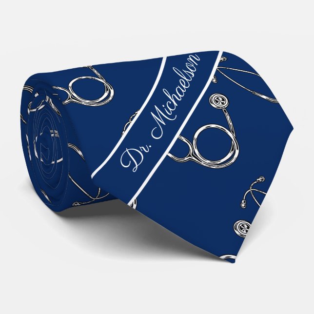 Medical Doctor Stethoscope Pattern Physician Blue Tie (Rolled)