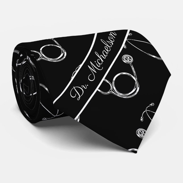 Medical Doctor Stethoscope Pattern Physician Name Tie (Rolled)
