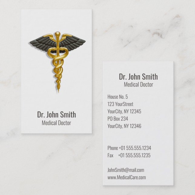 Medical Elegant Gold Caduceus Black Wings Classy Business Card (Front/Back)