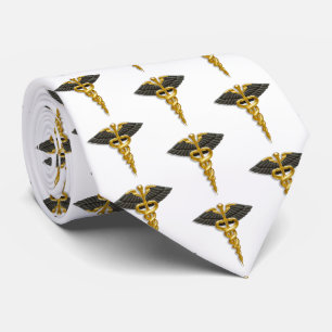 Medical Elegant Gold Caduceus Black Wings Pattern Tie