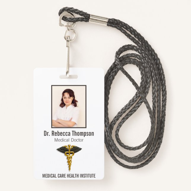 Medical Elegant Gold Caduceus Black Wings Photo ID Badge (Front with Lanyard)