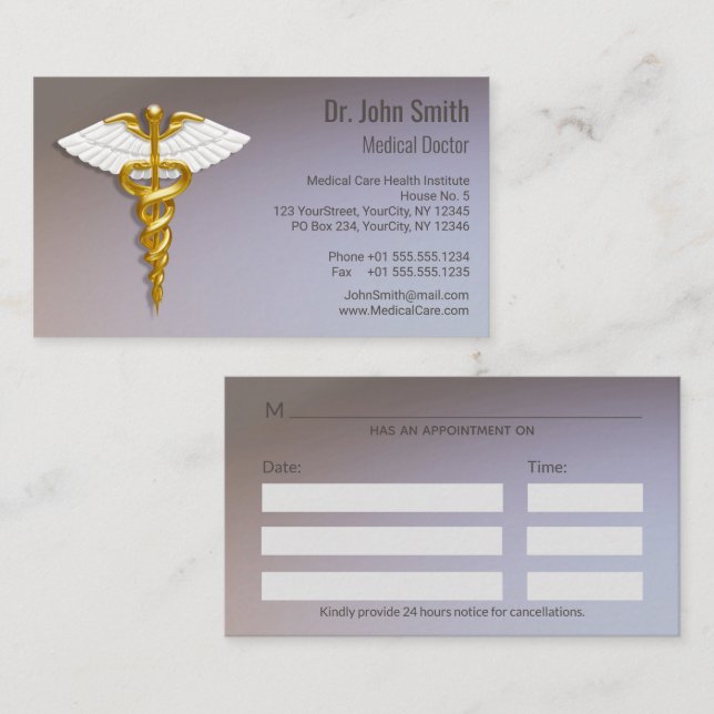 Medical Elegant Gold Caduceus White Wings Appointment Card (Front/Back)