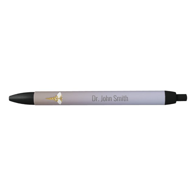 Medical Elegant Gold Caduceus White Wings Black Ink Pen (Front)