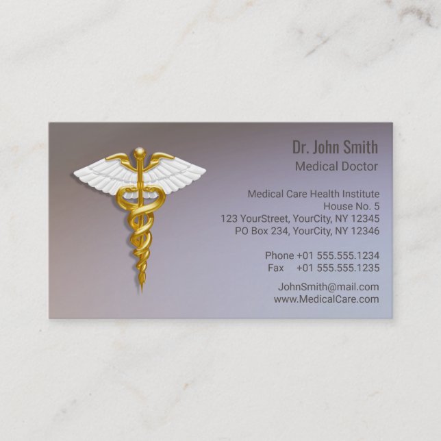 Medical Elegant Gold Caduceus White Wings Business Card (Front)