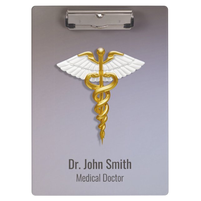 Medical Elegant Gold Caduceus White Wings Clipboard (Front)