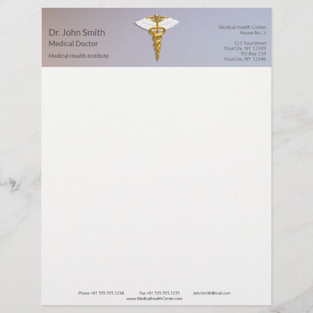 Medical Elegant Gold Caduceus White Wings Custom Letterhead (Front)