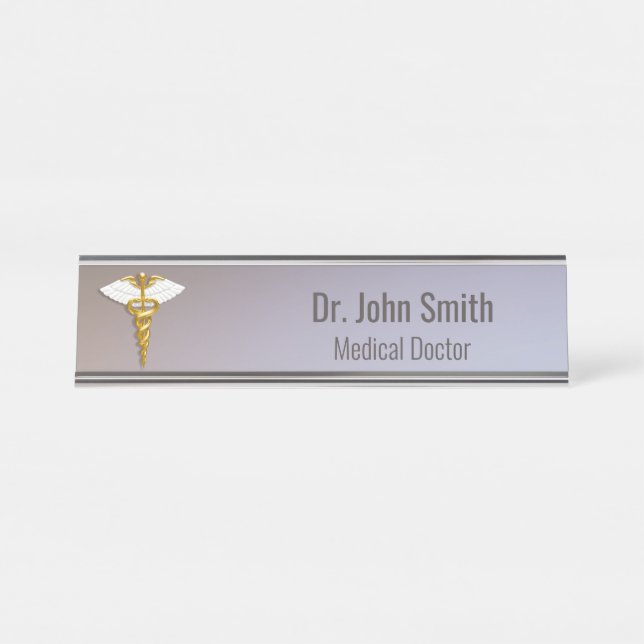 Medical Elegant Gold Caduceus White Wings Desk Name Plate (Front)