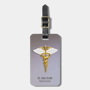 Medical Elegant Gold Caduceus White Wings Luggage Tag
