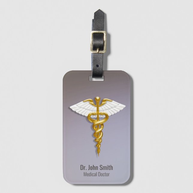 Medical Elegant Gold Caduceus White Wings Luggage Tag (Front Vertical)
