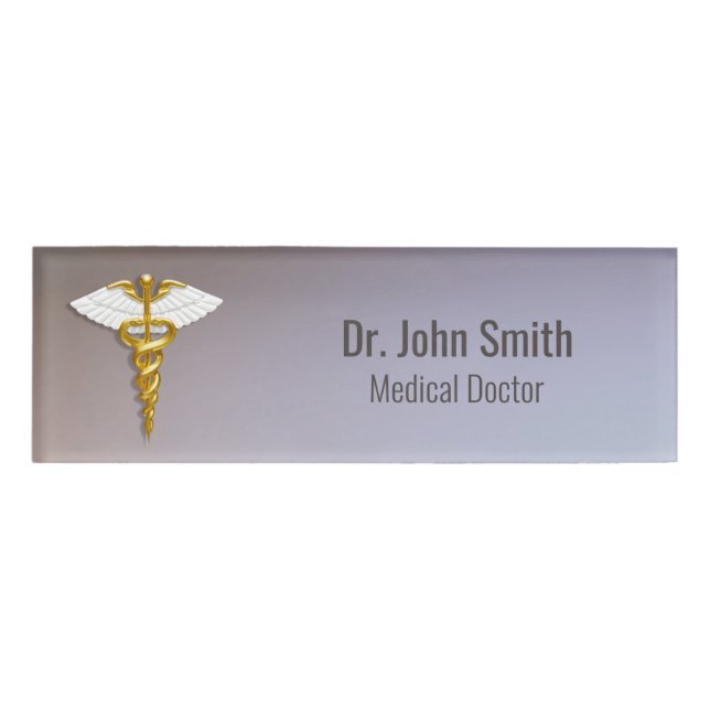Medical Elegant Gold Caduceus White Wings Name Tag (Front)