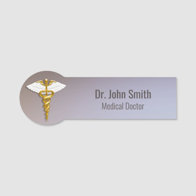 Medical Elegant Gold Caduceus White Wings Name Tag (Front)
