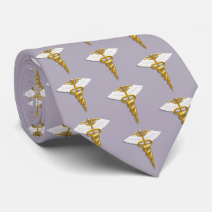 Medical Elegant Gold Caduceus White Wings Pattern Tie
