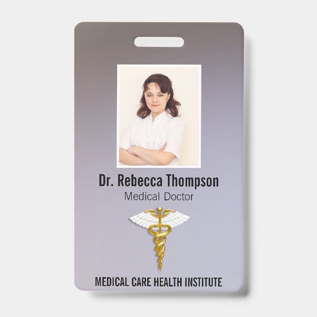 Medical Elegant Gold Caduceus White Wings Photo ID Badge (Front)