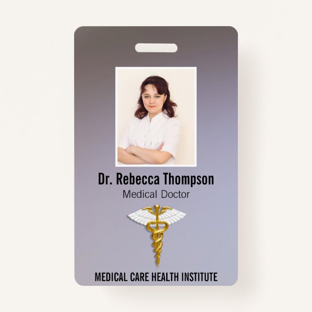 Medical Elegant Gold Caduceus White Wings Photo ID ID Badge (Front)