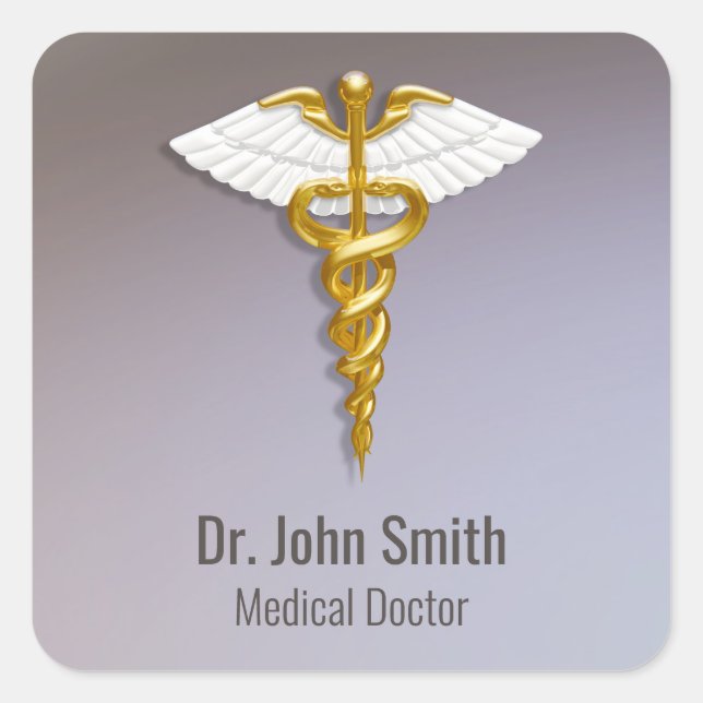 Medical Elegant Gold Caduceus White Wings Square Sticker (Front)