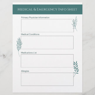 Medical & Emergency Info Sheet Custom Letterhead