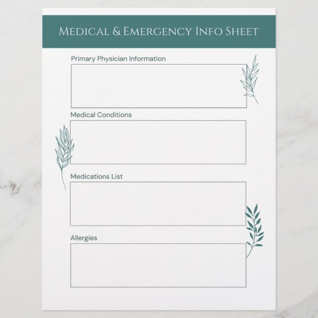 Medical & Emergency Info Sheet Custom Letterhead (Front)