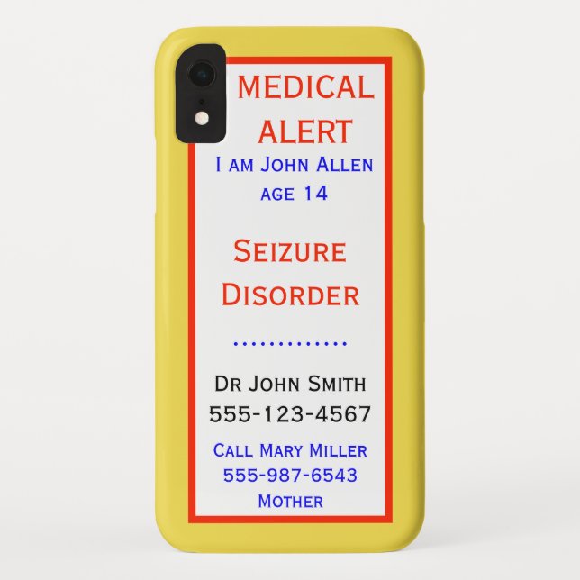 Medical Emergency Seizure Alert Info Custom Case-Mate iPhone Case (Back)