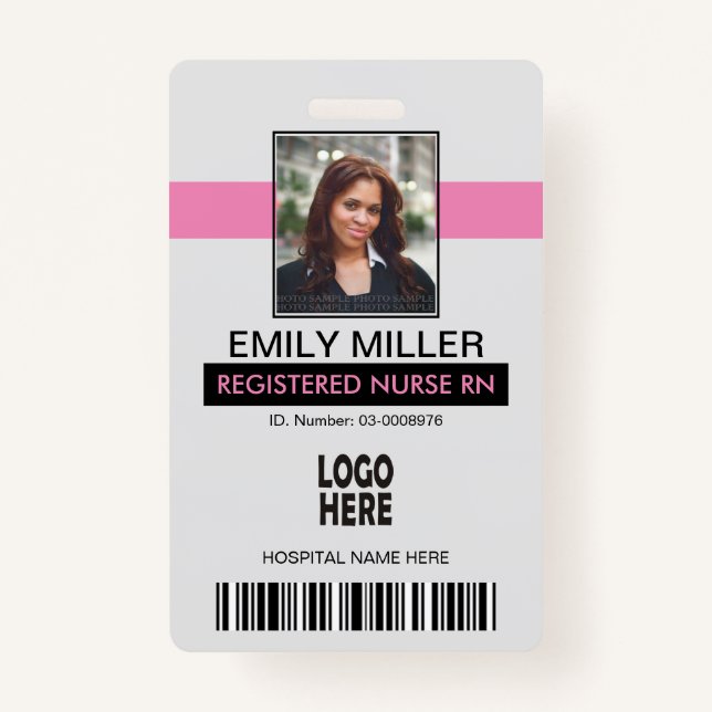 Medical employee id, logo pink photo template ID badge (Front)