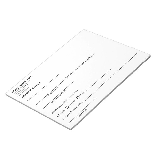 Medical Excuse Doctor Office Black White Template Notepad (Angled)