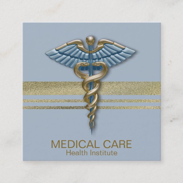 Medical Faux Gold Foil Stripes Caduceus Light Blue Square Business Card (Front)
