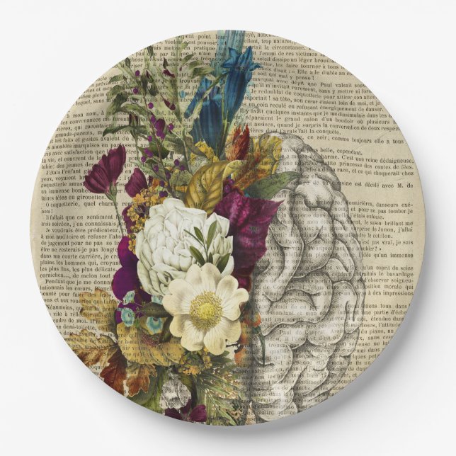 medical floral brain anatomy poster paper plate (Front)