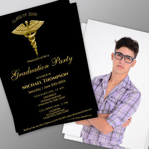 Medical Gold Caduceus Black Graduation Photo Invitation