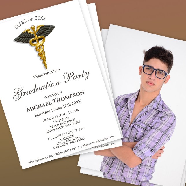 Medical Gold Caduceus Black Wings Graduation Photo Invitation (Creator Uploaded)