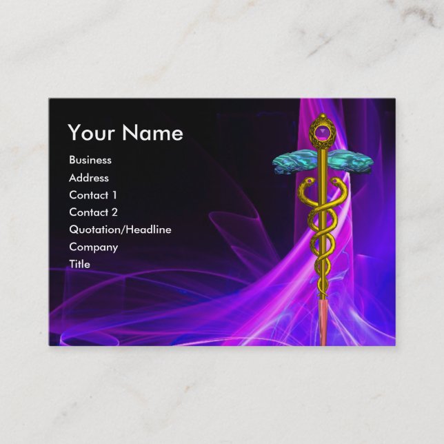 MEDICAL GOLD CADUCEUS,BLUE PINK PURPLE LIGHT WAVES BUSINESS CARD (Front)