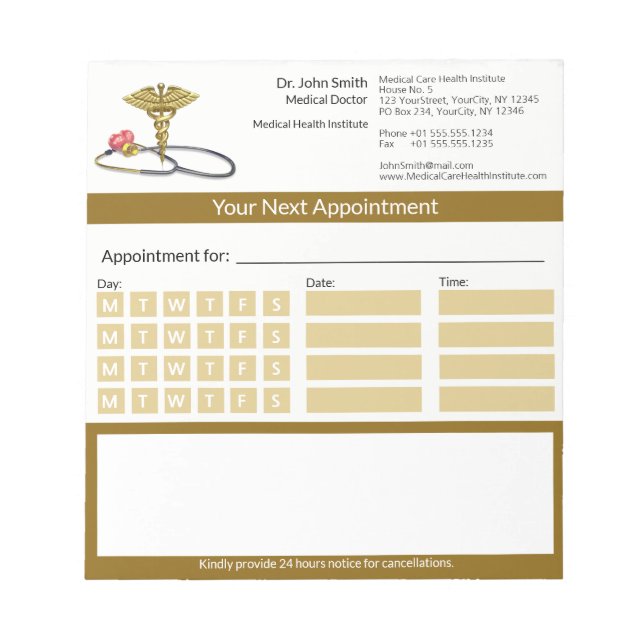 Medical Gold Caduceus & Stethoscope Appointment Notepad (Front)