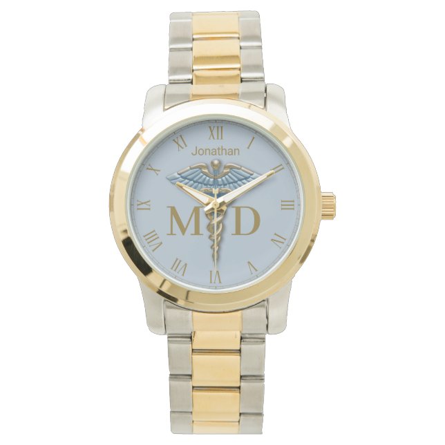 Medical Gold Light Blue Caduceus Medical Doctor MD Watch (Front)