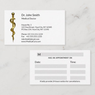 Medical Gold on White Classy Rod of Asclepius Appointment Card