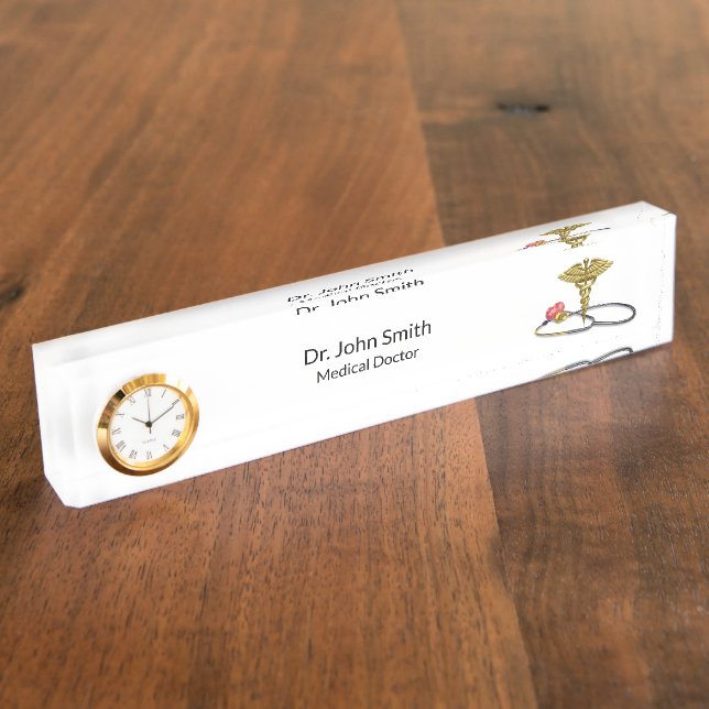 Medical Gold Stethoscope & Caduceus with Heart Nameplate (Side)