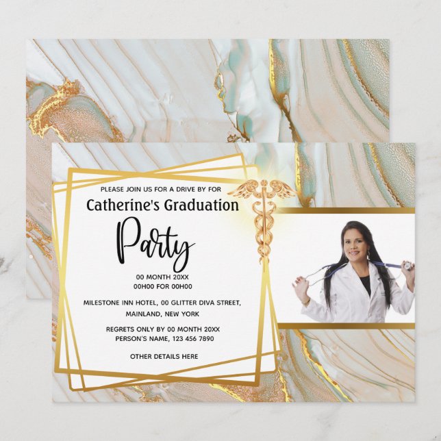Medical grad marble granite geometric caduceus invitation (Front/Back)