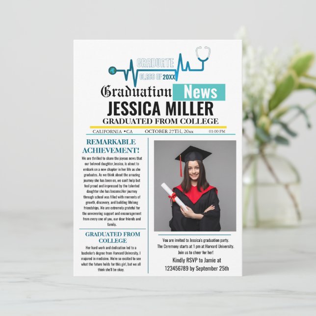 Medical Graduation Newspaper College Unique  Invitation (Standing Front)