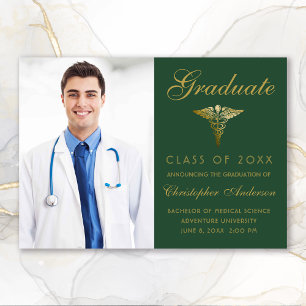 Medical Green Gold Cadaceus Photo Graduation Announcement