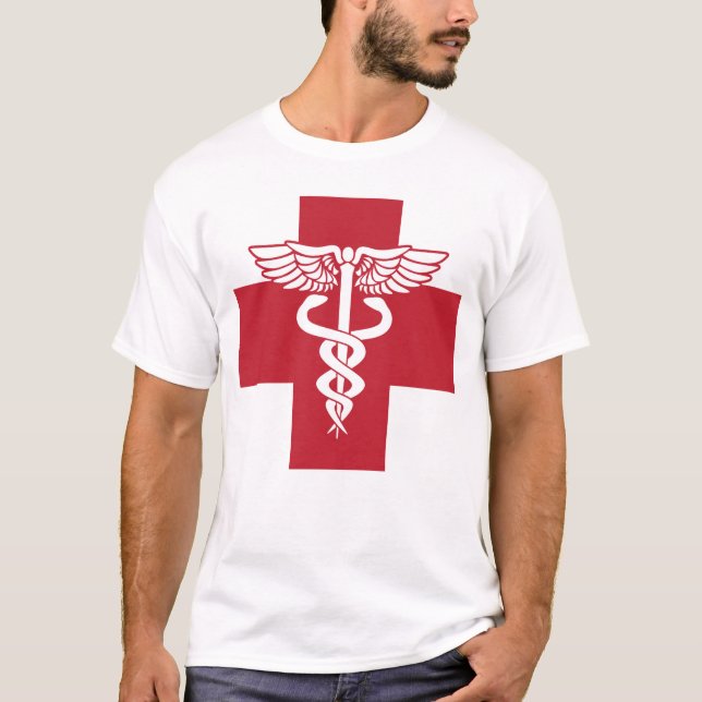 Medical Health Care Red Cross with Caduceus Symbol T-Shirt (Front)