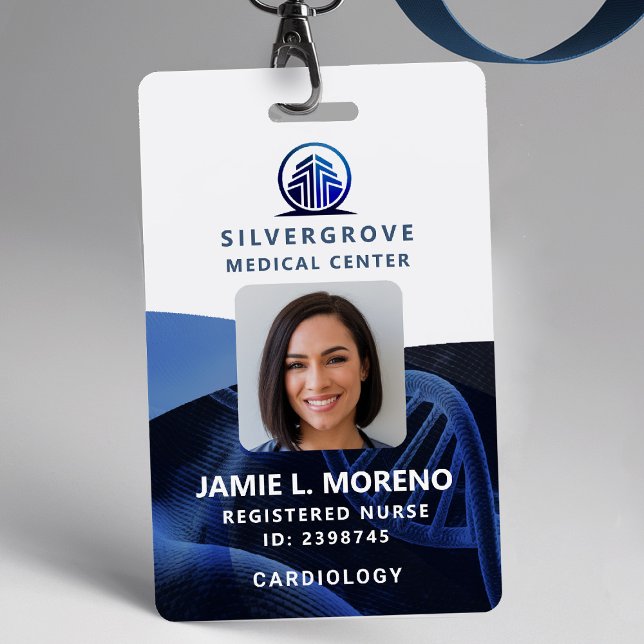 Medical Healthcare Logo Blue DNA Photo Nurse ID ID Badge (nurse id badge custom hospital clinic medical center office clinic blue logo dna photo qr code)