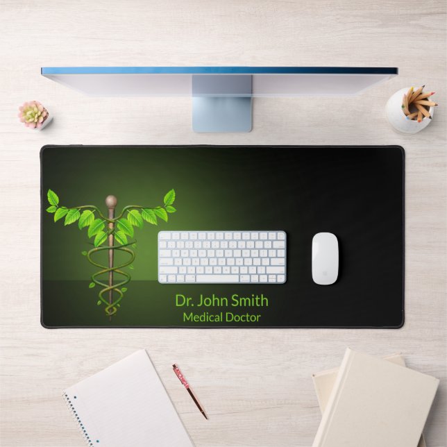 Medical Holistic Alternative Caduceus Green Leaves Desk Mat (Office 1)