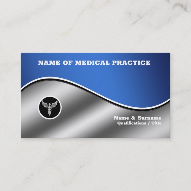 Medical hospital blue silver chic caduceus stylish business card (Front)