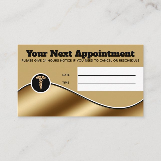 Medical hospital faux gold black caduceus patient appointment card (Front)
