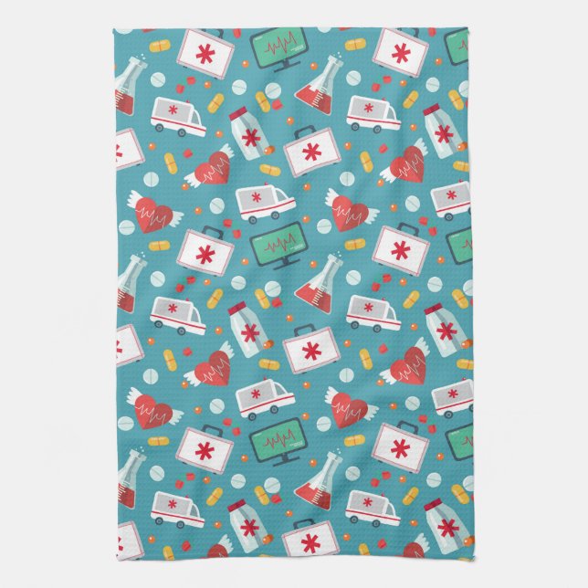 Medical Icon Pattern Tea Towel (Vertical)