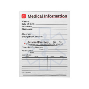 Medical Information Emergency Refrigerator Notepad