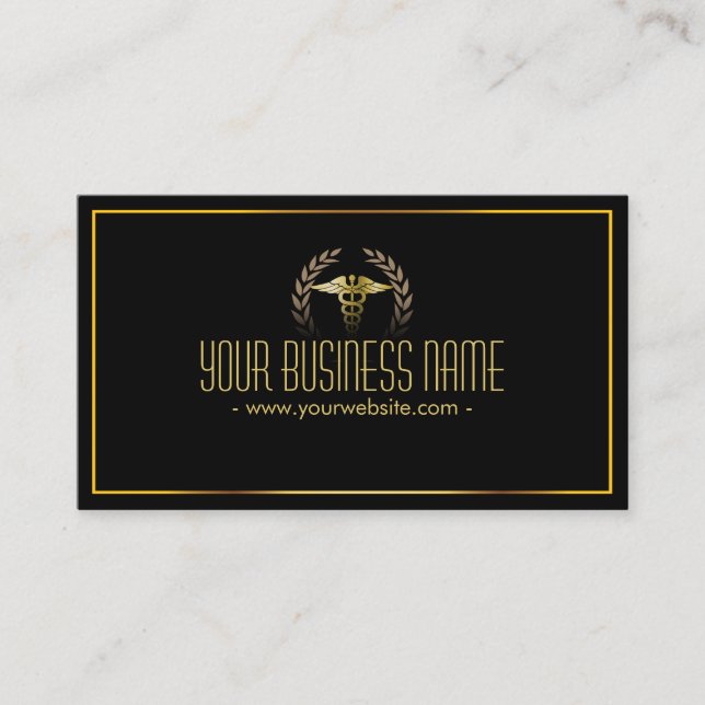 Medical Laurel Wreath Gold Caduceus Business Card (Front)