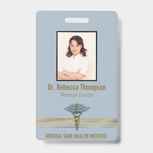 Medical Light Blue Caduceus Gold Foil Stripes ID Badge (Front)
