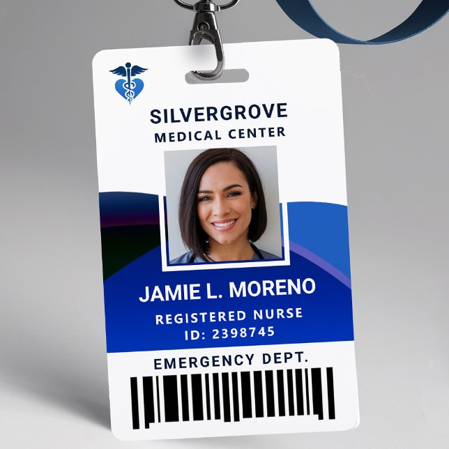 Medical Logo Clinic Hospital Blue Photo Nurse ID Badge (nurse id badge custom hospital clinic medical center office clinic blue logo photo bar code)
