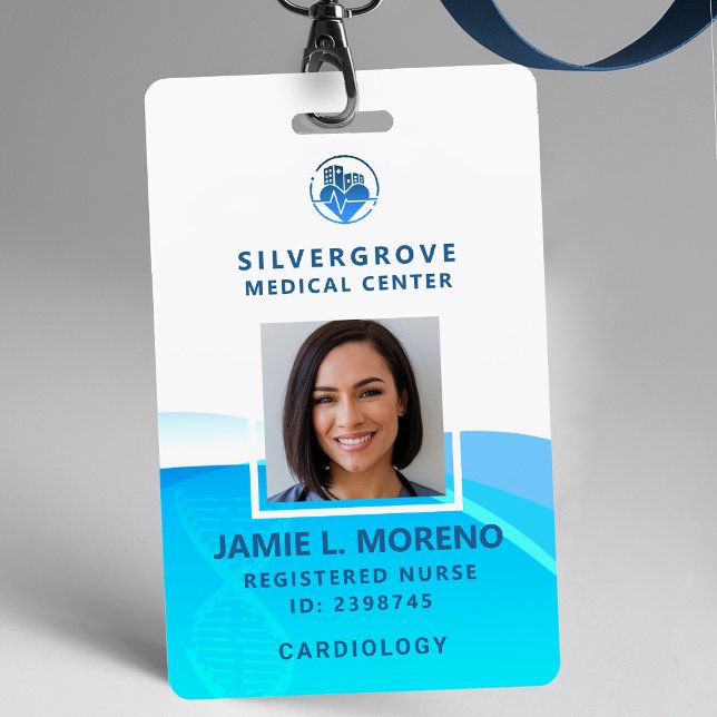 Medical Logo Healthcare Modern Aqua Photo Nurse ID ID Badge (nurse id badge custom hospital clinic medical center office clinic blue aqua logo photo qr code)