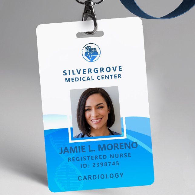 Medical Logo Healthcare Modern Blue Photo Nurse ID ID Badge (nurse id badge custom hospital clinic medical center office clinic dna blue logo photo qr code)